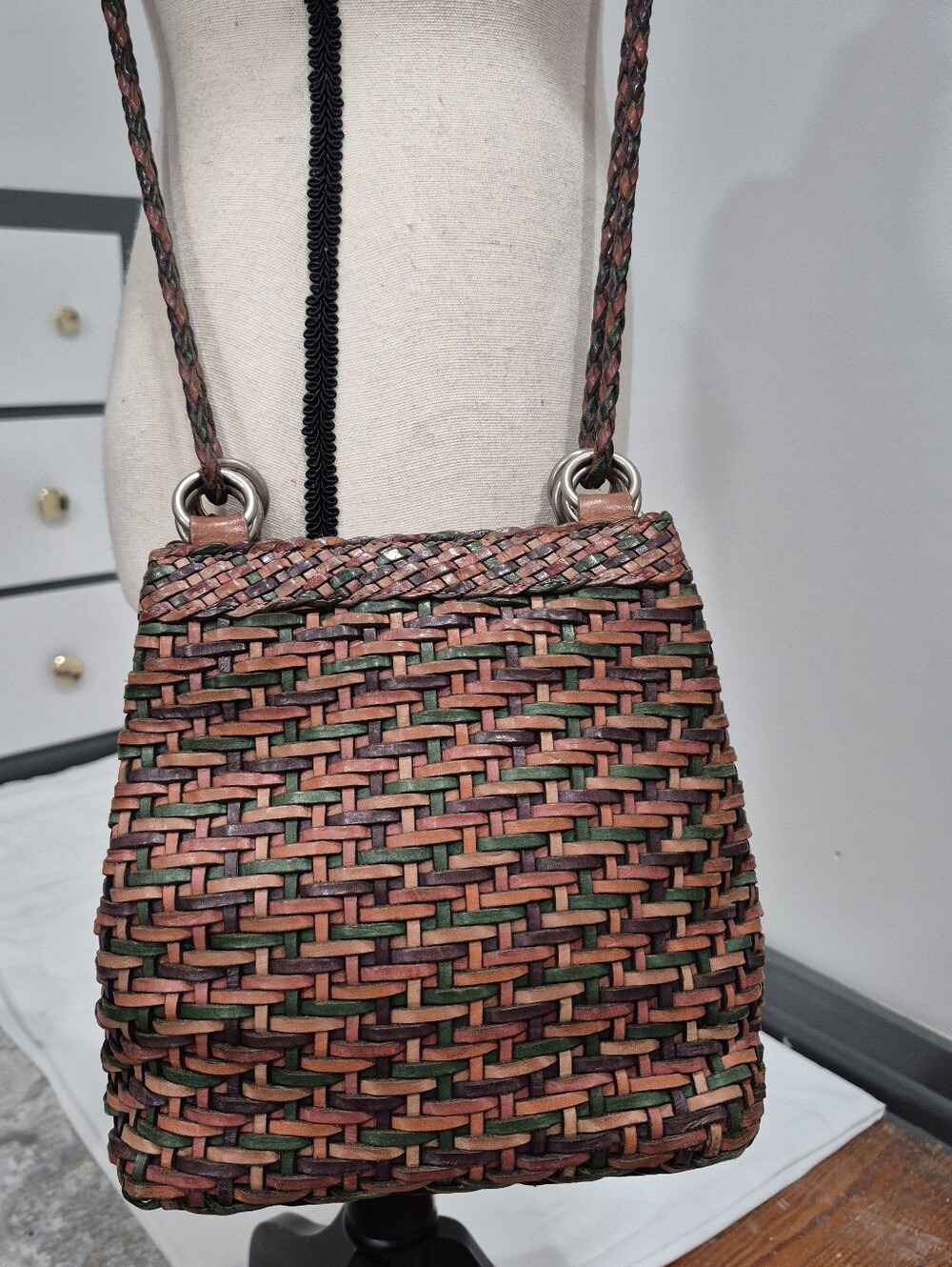 Vintage L.J.S Collection Leather Woven Sack Crossbody Purse